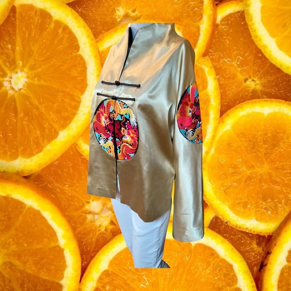 Grace Chuang New York Gold 100% Silk Dragon Embroidered Jacket Womens Small